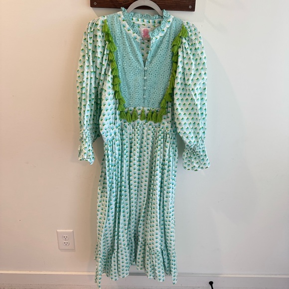 Elizabeth Wilson Tassel Trim Puff Sleeve Midi Dress Blue Green Large